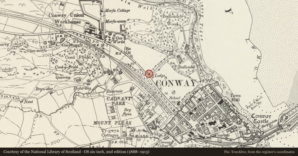 Ordnance Survey six-inch map, 2nd edition (1888–1913) covering the location of Bodlondeb Lodge, Conwy, with a pin at the register's coordinates