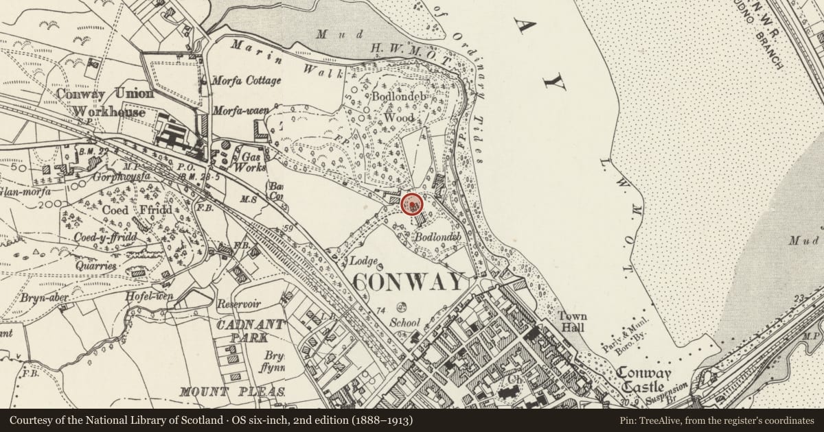 Ordnance Survey six-inch map, 2nd edition (1888–1913) covering the location of Bodlondeb, Conwy, with a pin at the register's coordinates