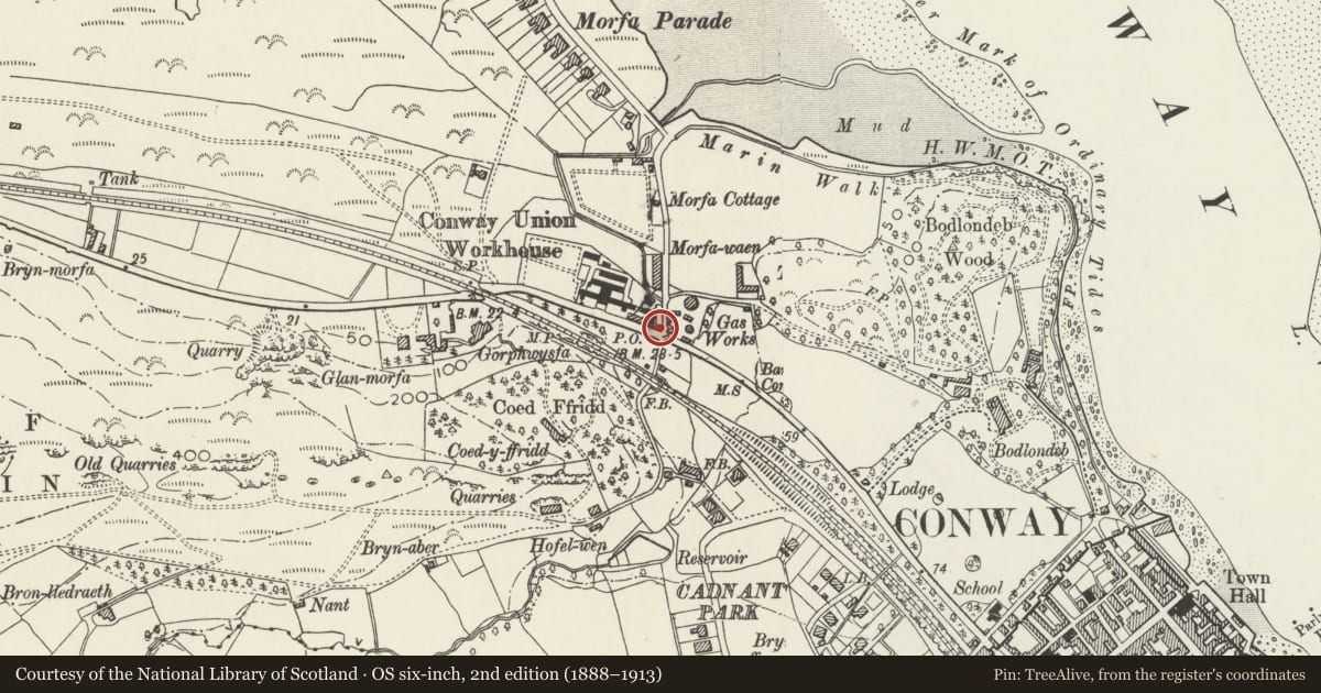 Ordnance Survey six-inch map, 2nd edition (1888–1913) covering the location of The Old Toll House, Conwy, with a pin at the register's coordinates