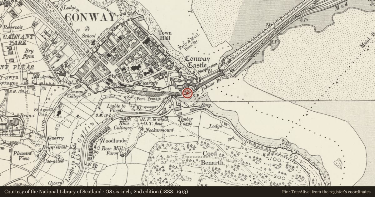 Ordnance Survey six-inch map, 2nd edition (1888–1913) covering the location of Retaining wall of Afon Gyffin to E of Pont Pensarn, Conwy, with a pin at the register's coordinates