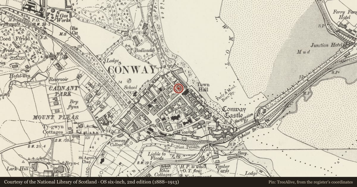 Ordnance Survey six-inch map, 2nd edition (1888–1913) covering the location of 6 Berry Street, Conwy, with a pin at the register's coordinates