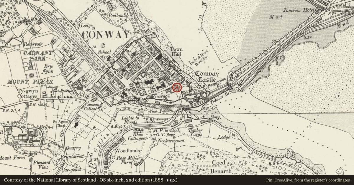 Ordnance Survey six-inch map, 2nd edition (1888–1913) covering the location of The Guildhall, Conwy, with a pin at the register's coordinates