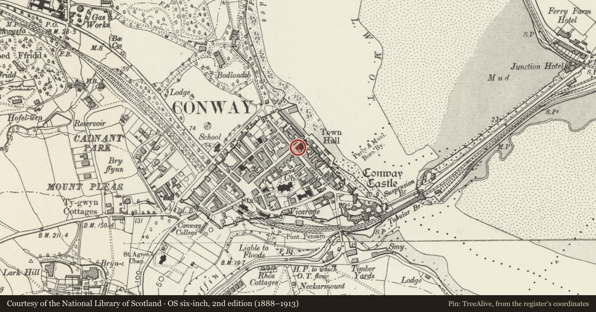 Ordnance Survey six-inch map, 2nd edition (1888–1913) covering the location of Entrance range of Conwy Public Library, with a pin at the register's coordinates