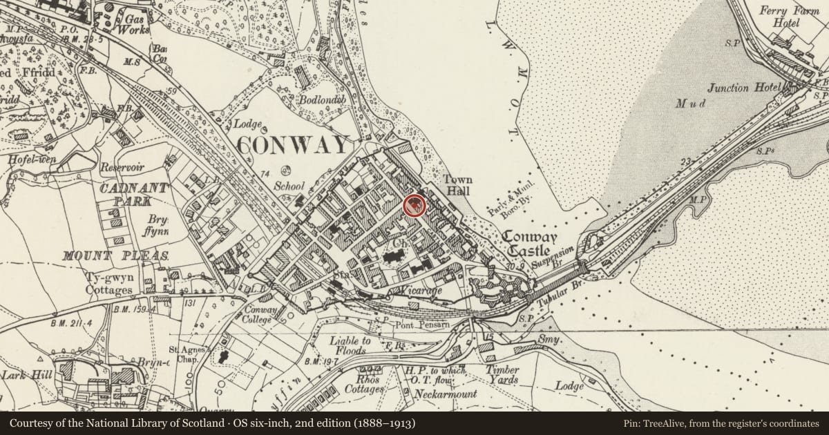 Ordnance Survey six-inch map, 2nd edition (1888–1913) covering the location of House, shop and hairdresser's, Conwy, with a pin at the register's coordinates