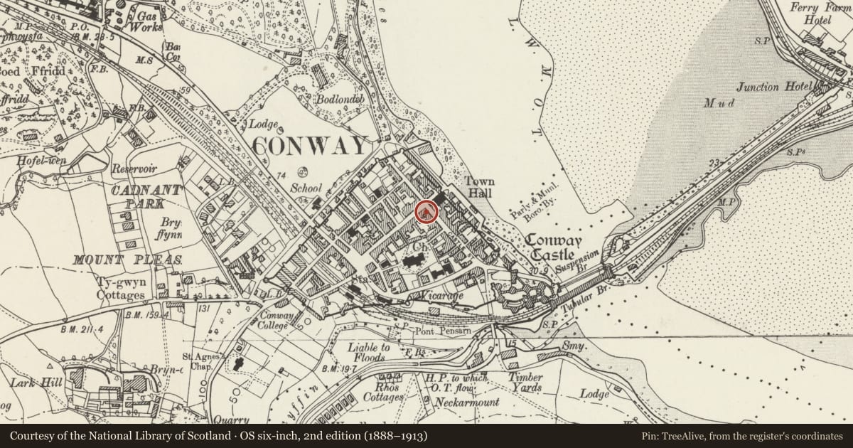 Ordnance Survey six-inch map, 2nd edition (1888–1913) covering the location of Aberconwy House, with a pin at the register's coordinates