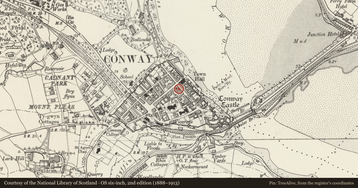 Ordnance Survey six-inch map, 2nd edition (1888–1913) covering the location of House, Popty Conwy Bakery (No 4) and Penny Farthing Sweet Shop (No 4a), with a pin at the register's coordinates