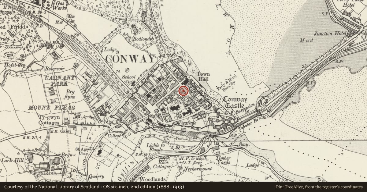Ordnance Survey six-inch map, 2nd edition (1888–1913) covering the location of House and Fruits & Shoots (No 6a) and Conwy Strollers (No 6), with a pin at the register's coordinates