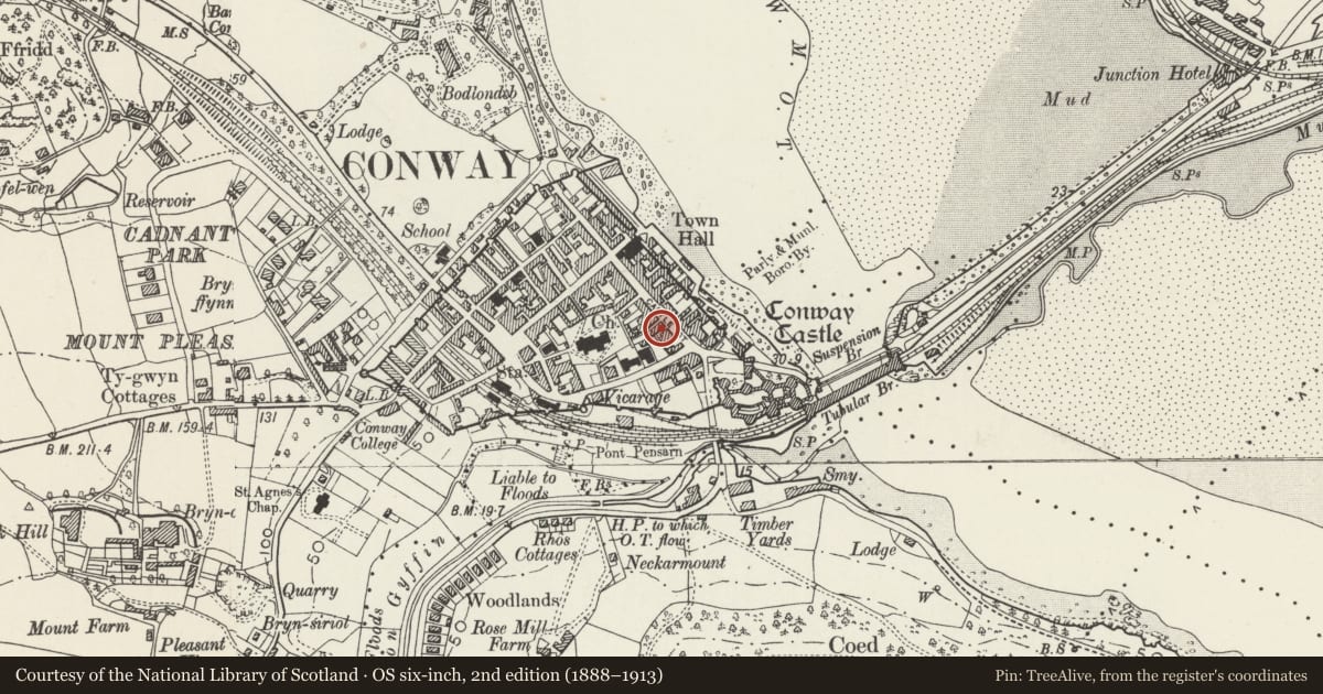 Ordnance Survey six-inch map, 2nd edition (1888–1913) covering the location of Former Conwy Municipal Offices (Swyddfa Tai Ardal Conwy/Conwy Area Housing Office), with a pin at the register's coordinates