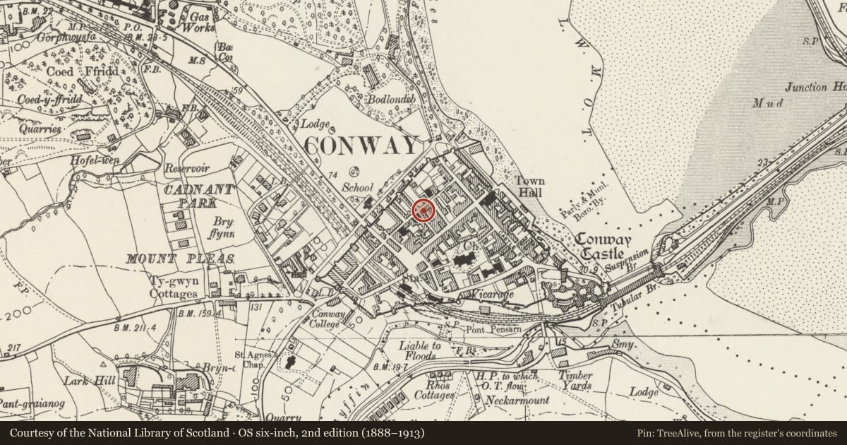 Ordnance Survey six-inch map, 2nd edition (1888–1913) covering the location of 15 Chapel Street, Conwy, with a pin at the register's coordinates