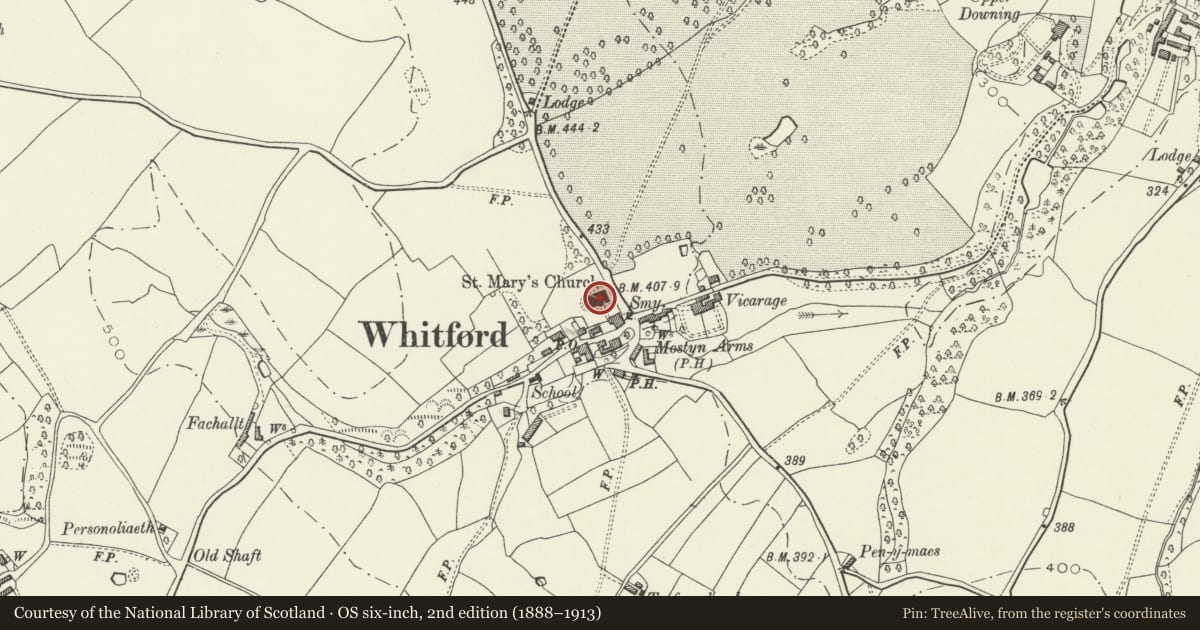 Ordnance Survey six-inch map, 2nd edition (1888–1913) covering the location of Church of St Beuno and St Mary, Whitford, Flintshire, with a pin at the register's coordinates