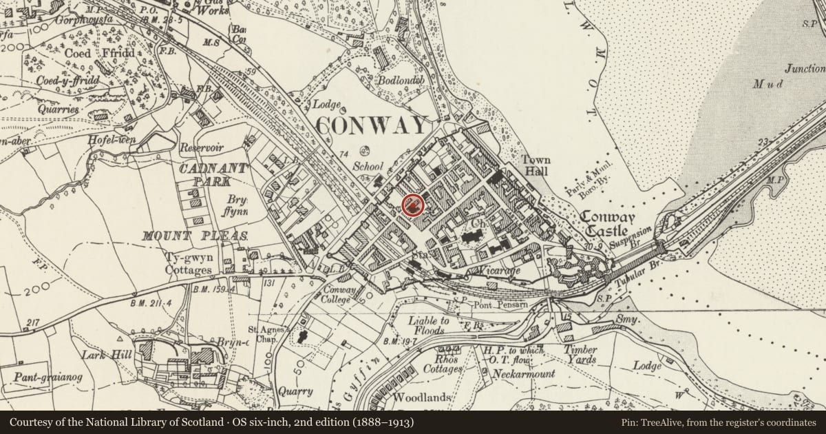 Ordnance Survey six-inch map, 2nd edition (1888–1913) covering the location of 25 Chapel Street, Conwy, with a pin at the register's coordinates