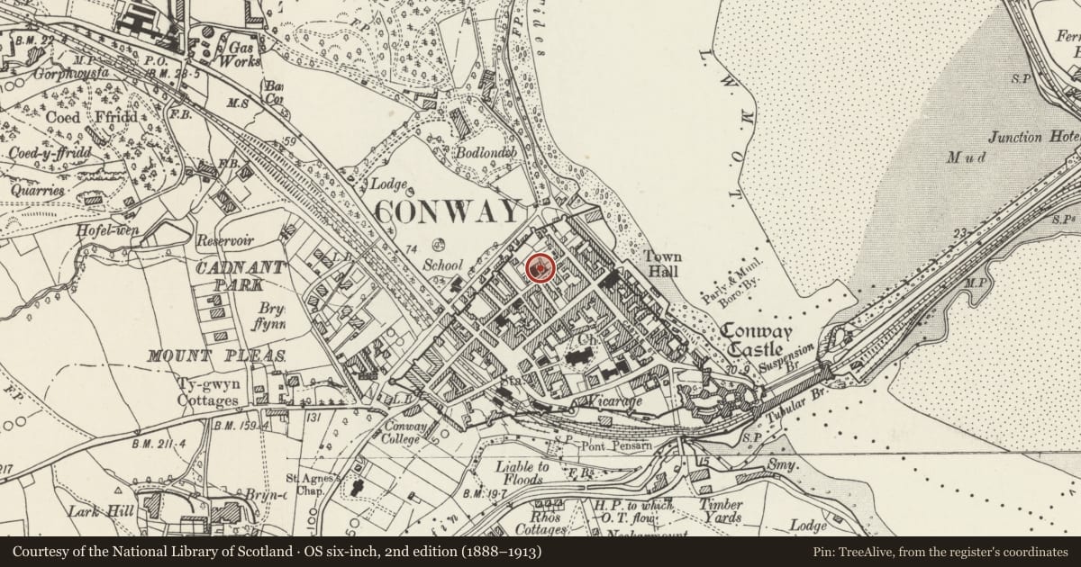 Ordnance Survey six-inch map, 2nd edition (1888–1913) covering the location of Sunday School at Capel Carmel, including forecourt wall and gates, Conwy, with a pin at the register's coordinates