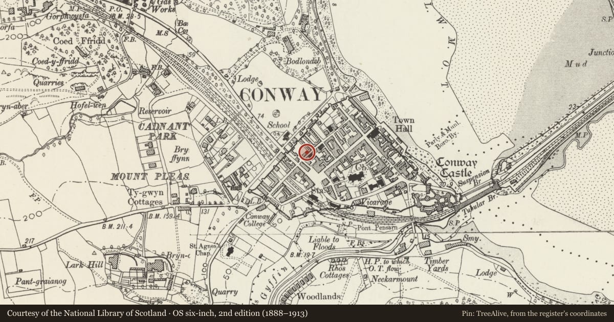 Ordnance Survey six-inch map, 2nd edition (1888–1913) covering the location of 26 Chapel Street, Conwy, with a pin at the register's coordinates