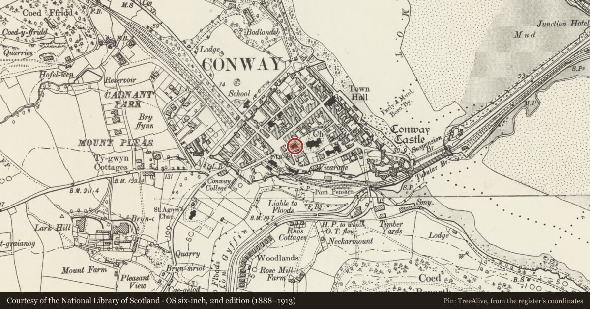 Ordnance Survey six-inch map, 2nd edition (1888–1913) covering the location of Former Welsh Baptist Chapel, including forecourt gates, gate piers and railings, Conwy, with a pin at the register's coordinates
