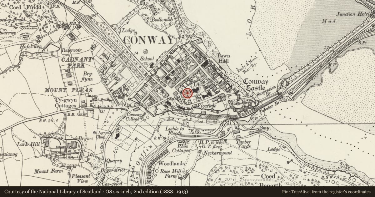 Ordnance Survey six-inch map, 2nd edition (1888–1913) covering the location of Gate piers, gates and railings at Church Street entrance to St Mary's churchyard, Conwy, with a pin at the register's coordinates