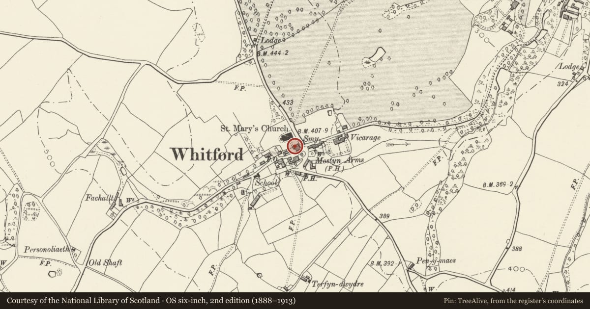 Ordnance Survey six-inch map, 2nd edition (1888–1913) covering the location of Lychgate at the Church of St Beuno and St Mary, Whitford, Flintshire, with a pin at the register's coordinates