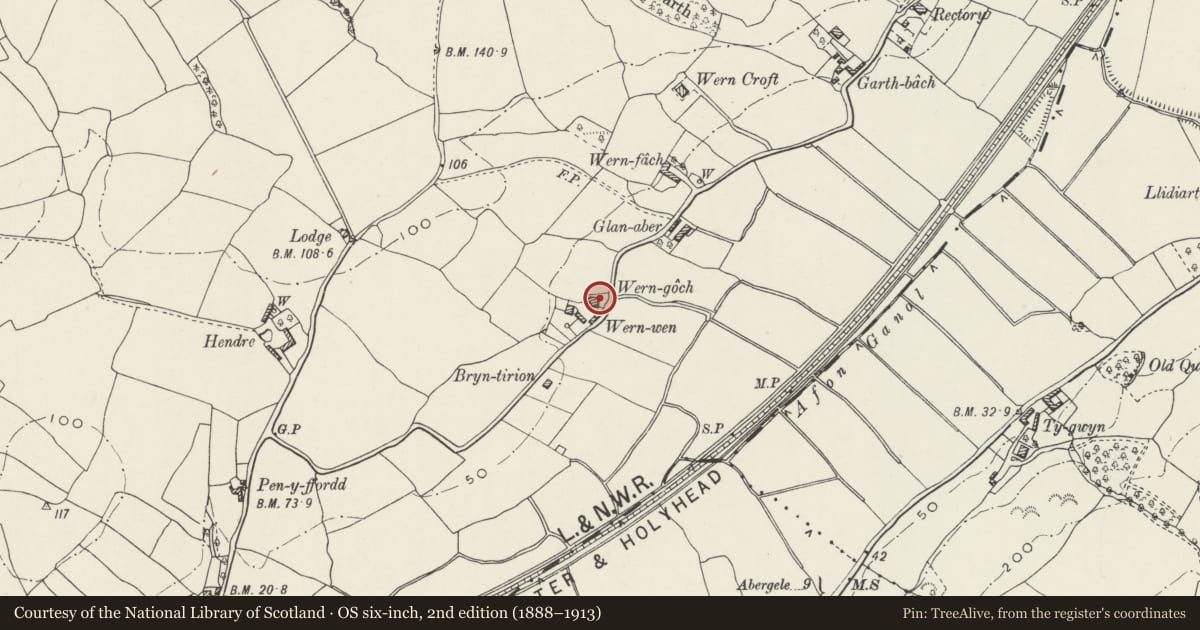 Ordnance Survey six-inch map, 2nd edition (1888–1913) covering the location of Wern Goch, including attached farm buildings to the rear, Conwy, with a pin at the register's coordinates