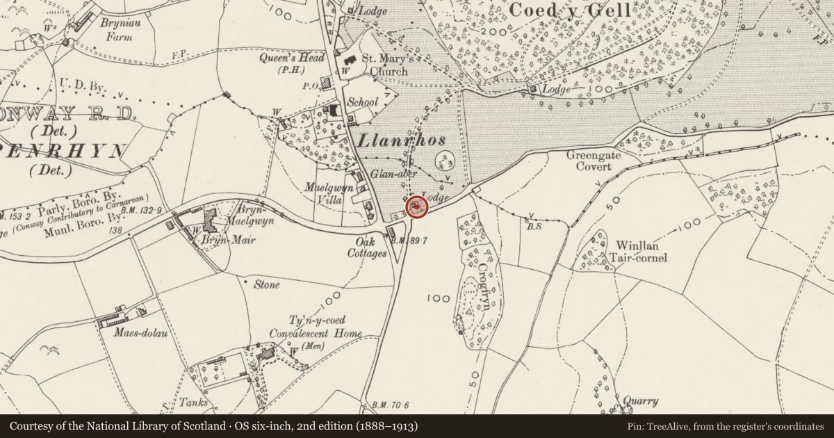 Ordnance Survey six-inch map, 2nd edition (1888–1913) covering the location of Conway Lodge, Conwy, with a pin at the register's coordinates