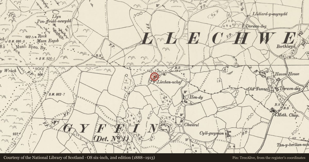 Ordnance Survey six-inch map, 2nd edition (1888–1913) covering the location of Farmbuildings at Llechan-uchaf, Henryd, Conwy, with a pin at the register's coordinates