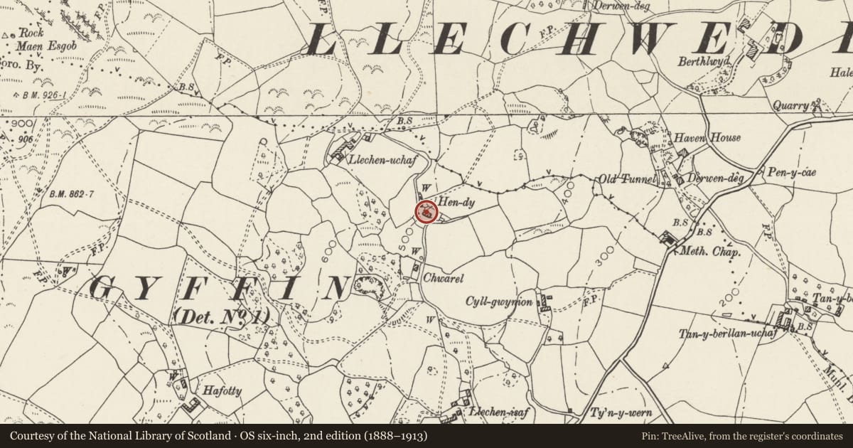 Ordnance Survey six-inch map, 2nd edition (1888–1913) covering the location of Hen-dy Farmhouse including attached outbuilding, Henryd, Conwy, with a pin at the register's coordinates