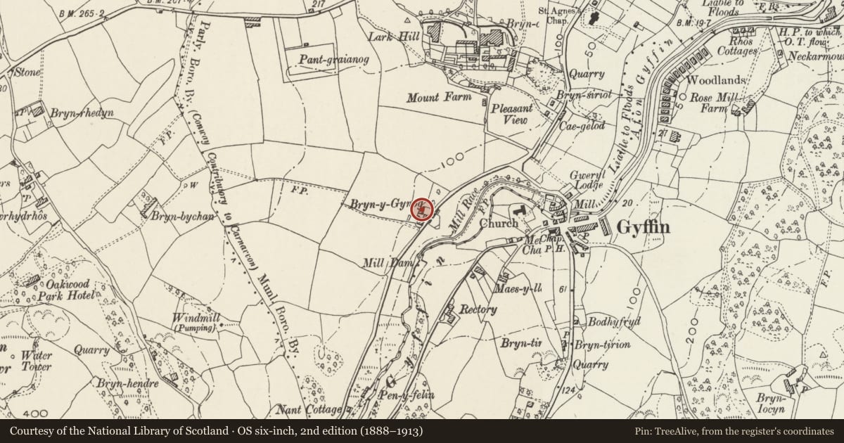 Ordnance Survey six-inch map, 2nd edition (1888–1913) covering the location of Gadlas, Conwy, with a pin at the register's coordinates