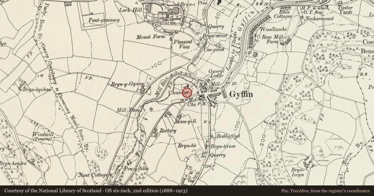 Ordnance Survey six-inch map, 2nd edition (1888–1913) covering the location of Grave slab of John Holland and John Holland in Gyffin churchyard, Conwy, with a pin at the register's coordinates
