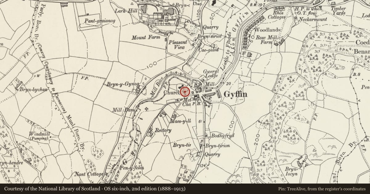 Ordnance Survey six-inch map, 2nd edition (1888–1913) covering the location of Grave slab of Hugh Owen of Bodidda in Gyffin churchyard, Conwy, with a pin at the register's coordinates