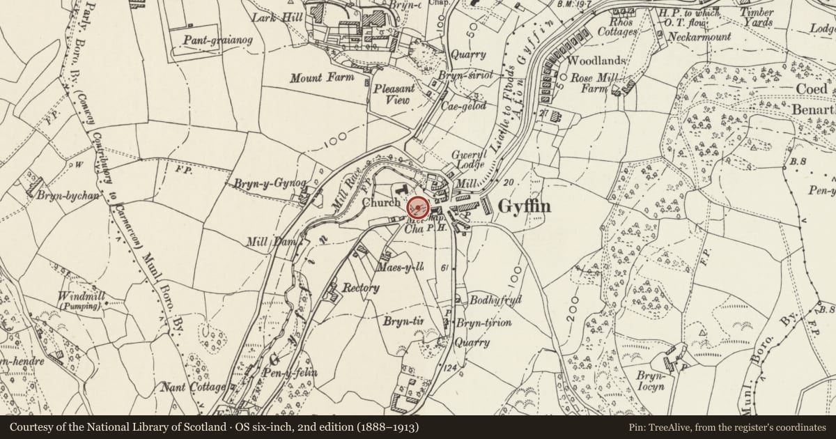 Ordnance Survey six-inch map, 2nd edition (1888–1913) covering the location of Wall, including gate piers and gate, surrounding Gyffin churchyard, Conwy, with a pin at the register's coordinates