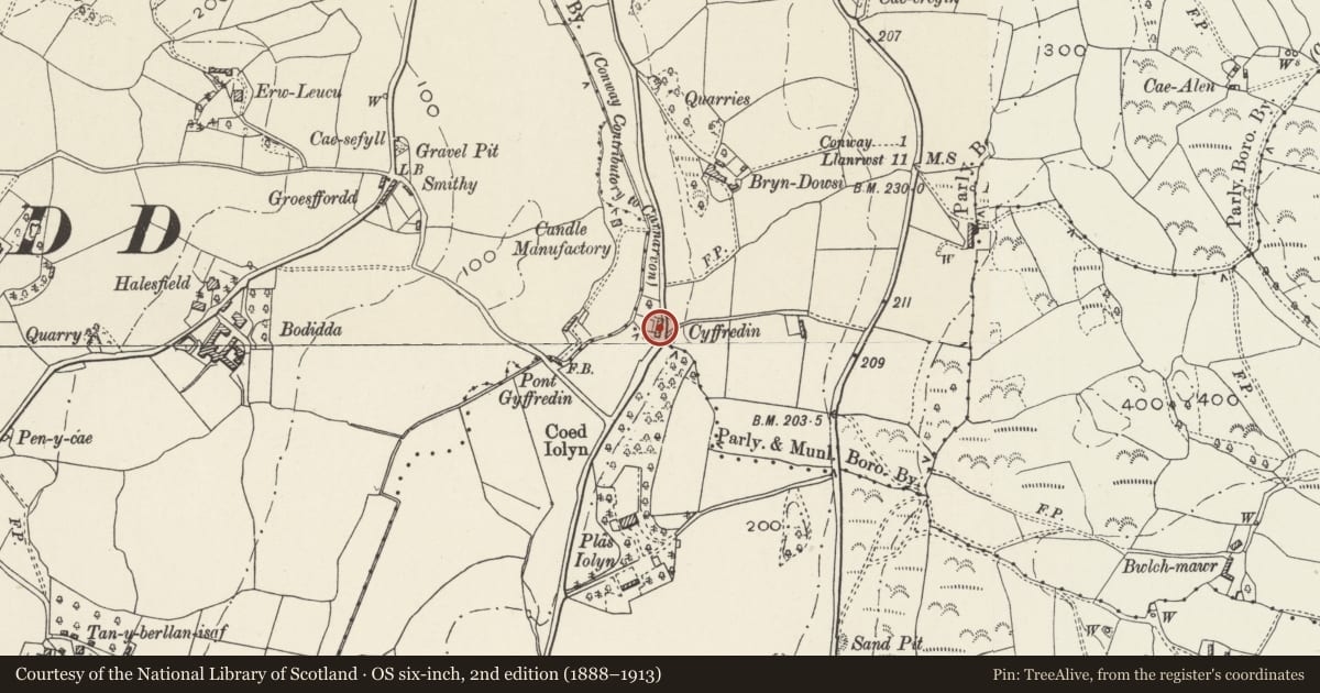 Ordnance Survey six-inch map, 2nd edition (1888–1913) covering the location of Cyffredin, Conwy, with a pin at the register's coordinates