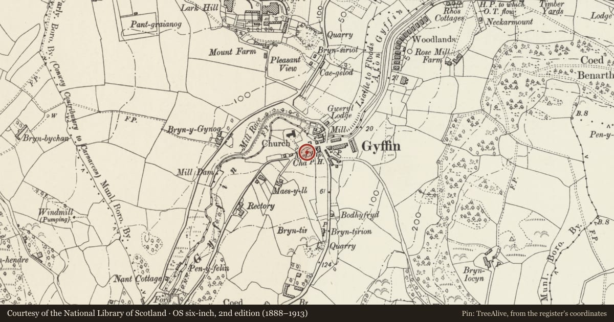 Ordnance Survey six-inch map, 2nd edition (1888–1913) covering the location of Gyffin Community Centre, Conwy, with a pin at the register's coordinates