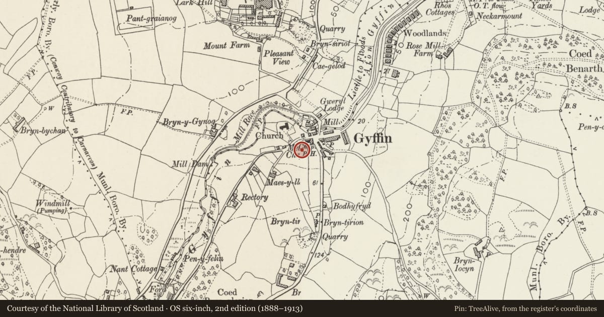 Ordnance Survey six-inch map, 2nd edition (1888–1913) covering the location of Outbuilding at Gyffin Community Centre, Conwy, with a pin at the register's coordinates