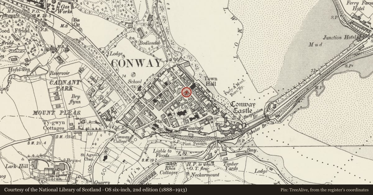 Ordnance Survey six-inch map, 2nd edition (1888–1913) covering the location of House and Oriel y Crochenwyr (The Potters' Gallery), Conwy, with a pin at the register's coordinates