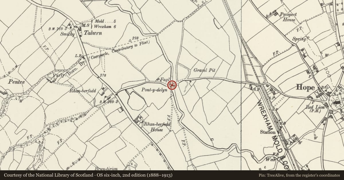 Ordnance Survey six-inch map, 2nd edition (1888–1913) covering the location of Pont-y-Delyn, Hope, Flintshire, with a pin at the register's coordinates