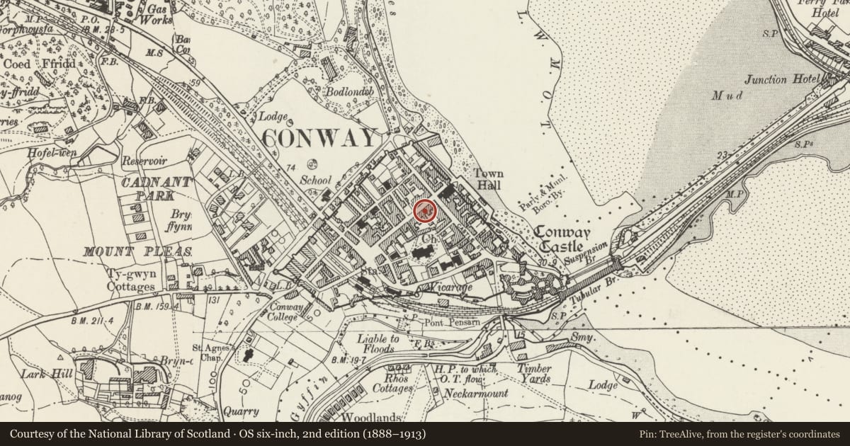 Ordnance Survey six-inch map, 2nd edition (1888–1913) covering the location of House and Chatter Box, Conwy, with a pin at the register's coordinates