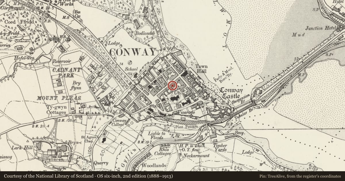 Ordnance Survey six-inch map, 2nd edition (1888–1913) covering the location of Castle Hotel, Conwy, with a pin at the register's coordinates
