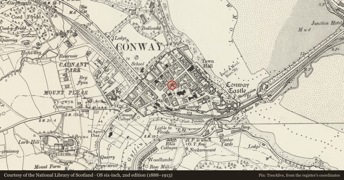 Ordnance Survey six-inch map, 2nd edition (1888–1913) covering the location of House and St David's Hospice Shop, Conwy, with a pin at the register's coordinates