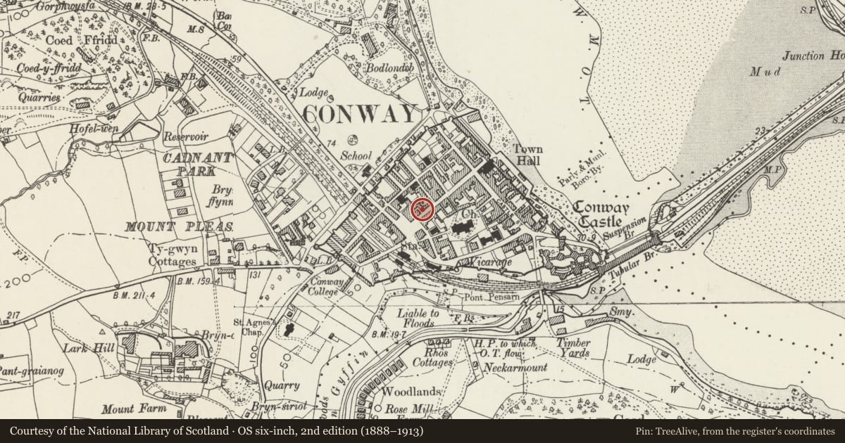 Ordnance Survey six-inch map, 2nd edition (1888–1913) covering the location of Ye Old Mansion House, Conwy, with a pin at the register's coordinates