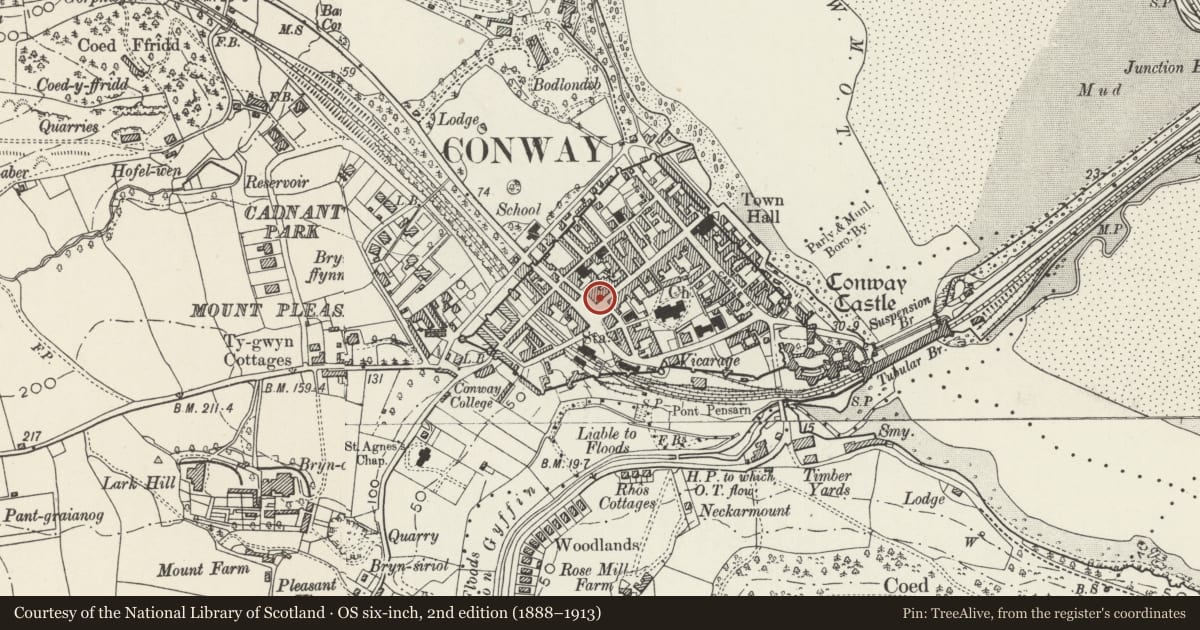 Ordnance Survey six-inch map, 2nd edition (1888–1913) covering the location of Pen-y-bryn tea rooms, Conwy, with a pin at the register's coordinates