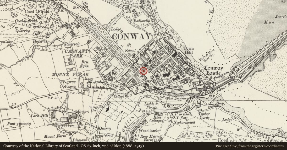 Ordnance Survey six-inch map, 2nd edition (1888–1913) covering the location of Conwy Police Station, with a pin at the register's coordinates
