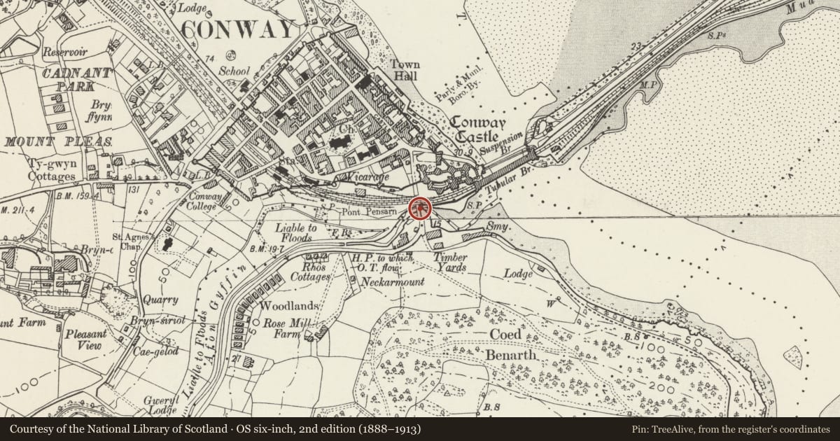 Ordnance Survey six-inch map, 2nd edition (1888–1913) covering the location of Pont Pensarn, Conwy, with a pin at the register's coordinates