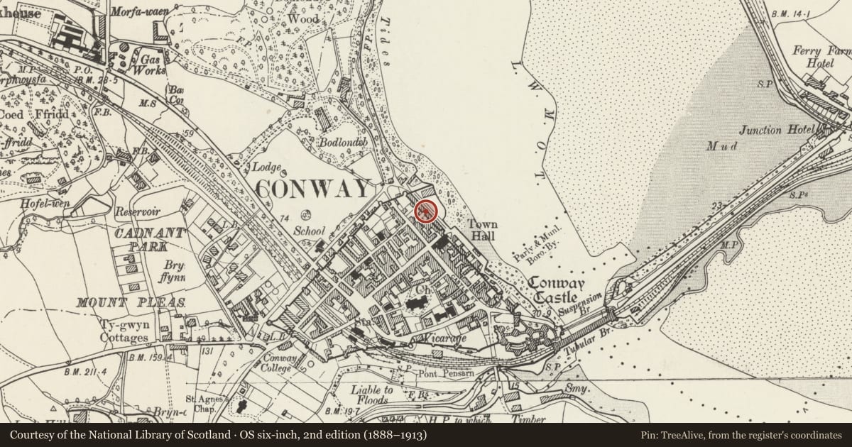 Ordnance Survey six-inch map, 2nd edition (1888–1913) covering the location of The Smallest House, Conwy, with a pin at the register's coordinates