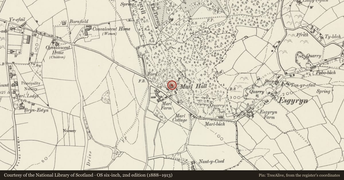 Ordnance Survey six-inch map, 2nd edition (1888–1913) covering the location of Marl Hall including terrace at front, Conwy, with a pin at the register's coordinates