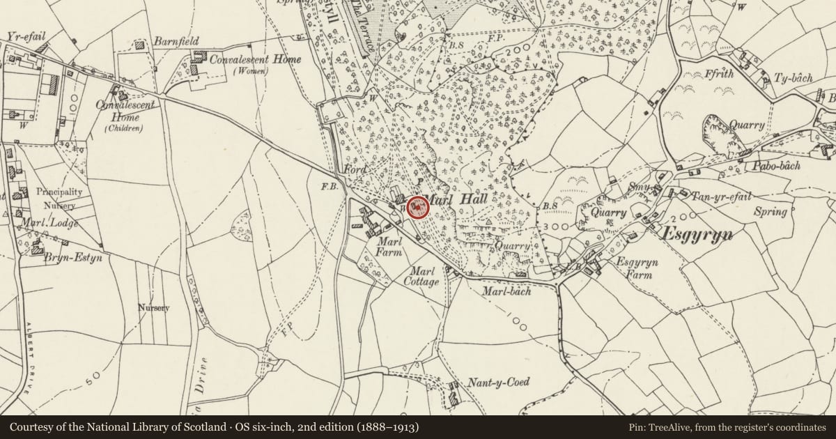 Ordnance Survey six-inch map, 2nd edition (1888–1913) covering the location of Warden's residence at Marl Hall, Conwy, with a pin at the register's coordinates