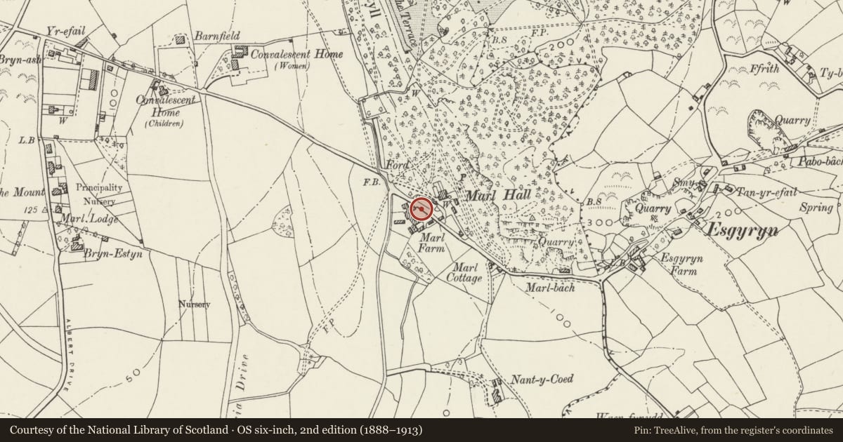 Ordnance Survey six-inch map, 2nd edition (1888–1913) covering the location of Toll gate and gate piers at entrance to Marl Farmyard, Conwy, with a pin at the register's coordinates