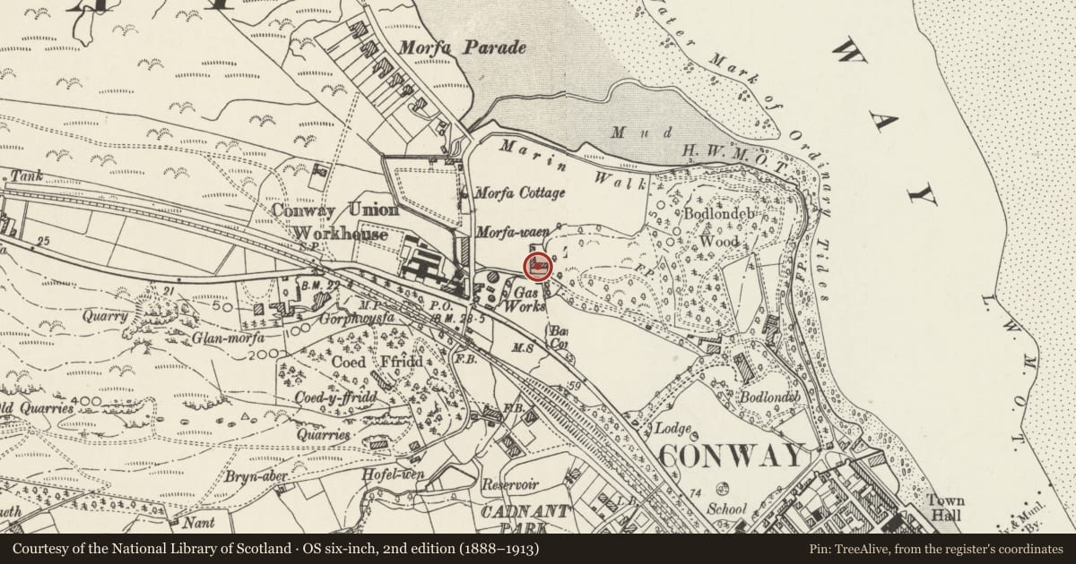 Ordnance Survey six-inch map, 2nd edition (1888–1913) covering the location of Twt Hill Farmhouse, including attached barn, Conwy, with a pin at the register's coordinates