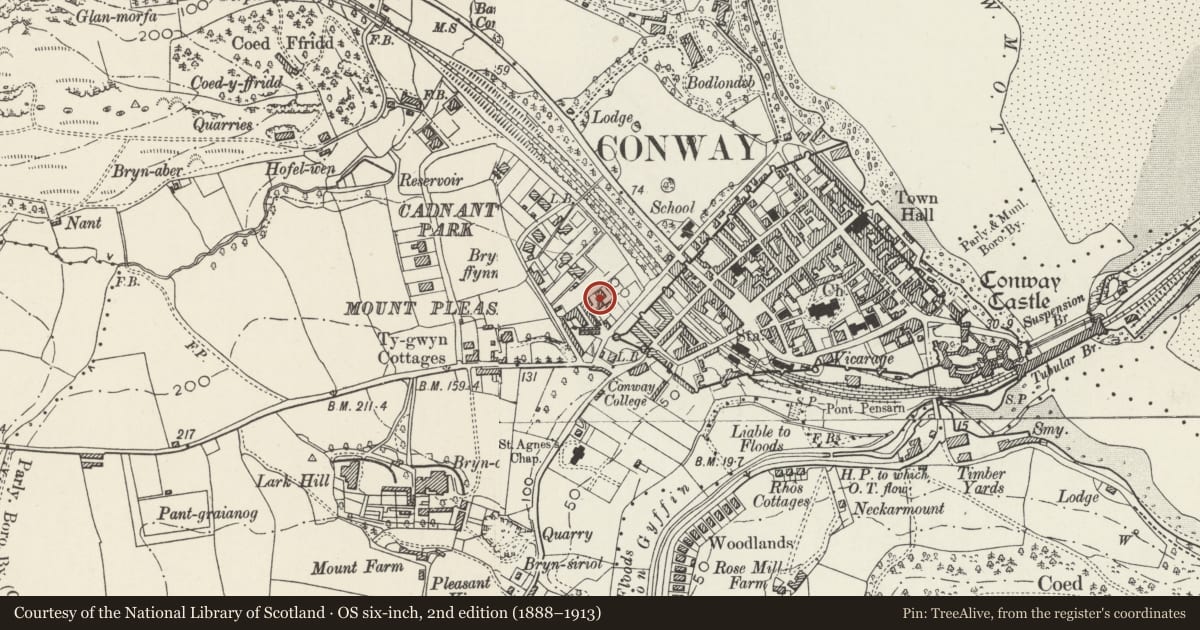 Ordnance Survey six-inch map, 2nd edition (1888–1913) covering the location of Castlebank Hotel, Conwy, with a pin at the register's coordinates