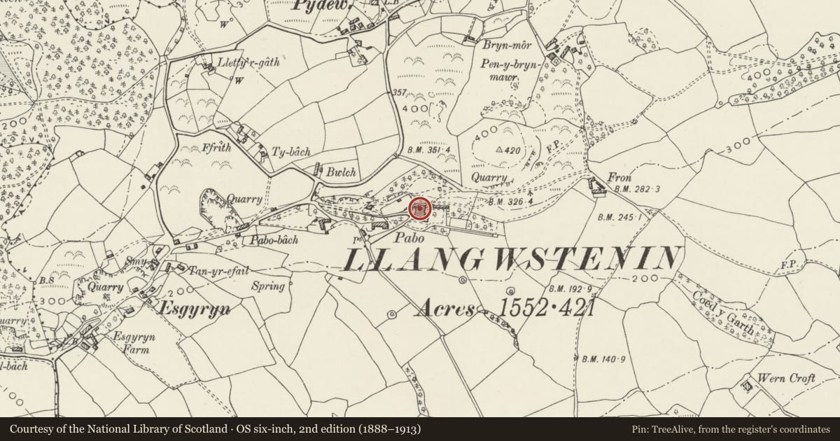 Ordnance Survey six-inch map, 2nd edition (1888–1913) covering the location of Clock tower at Pabo Hall, Conwy, with a pin at the register's coordinates