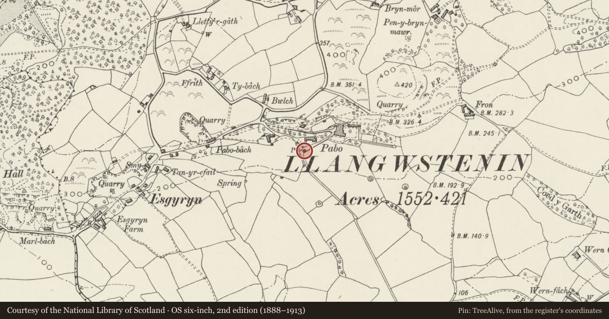 Ordnance Survey six-inch map, 2nd edition (1888–1913) covering the location of Archway at S entrance to former stable yard at Pabo Hall, Conwy, with a pin at the register's coordinates