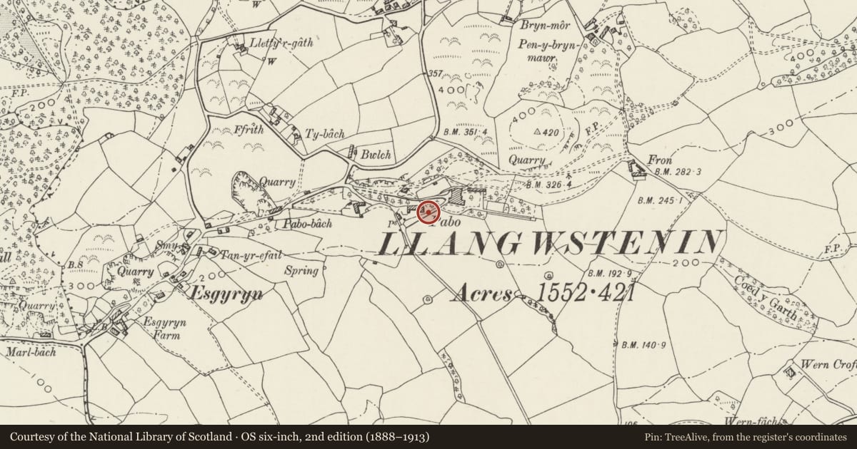 Ordnance Survey six-inch map, 2nd edition (1888–1913) covering the location of Archway at E entrance to former stable yard at Pabo Hall, Conwy, with a pin at the register's coordinates