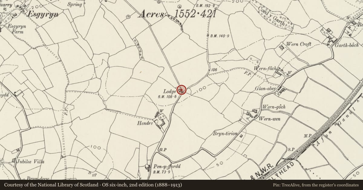 Ordnance Survey six-inch map, 2nd edition (1888–1913) covering the location of Pabo Lodge, Conwy, with a pin at the register's coordinates